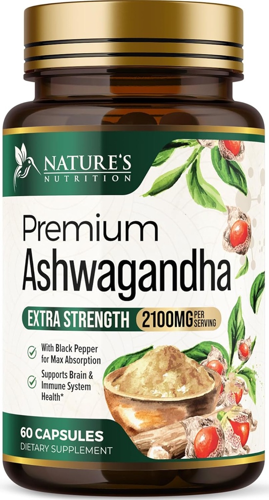 Ashwagandha Kosttilskud - 2100mg Ashwagandha Capsule for Women & Men, Natural Antioxidant Support, Ashwa Root Extract, Extra Strength Call Support with Black Pepper, Vegan & Gluten Free - 60 Kapsler