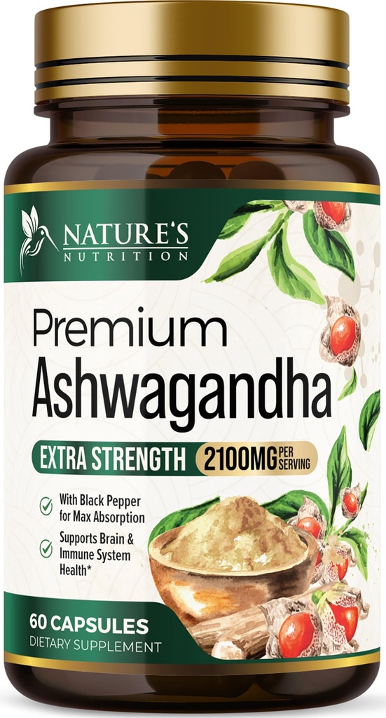 Ashwagandha Kosttilskud - 2100mg Ashwagandha Capsule for Women & Men, Natural Antioxidant Support, Ashwa Root Extract, Extra Strength Call Support with Black Pepper, Vegan & Gluten Free - 60 Kapsler