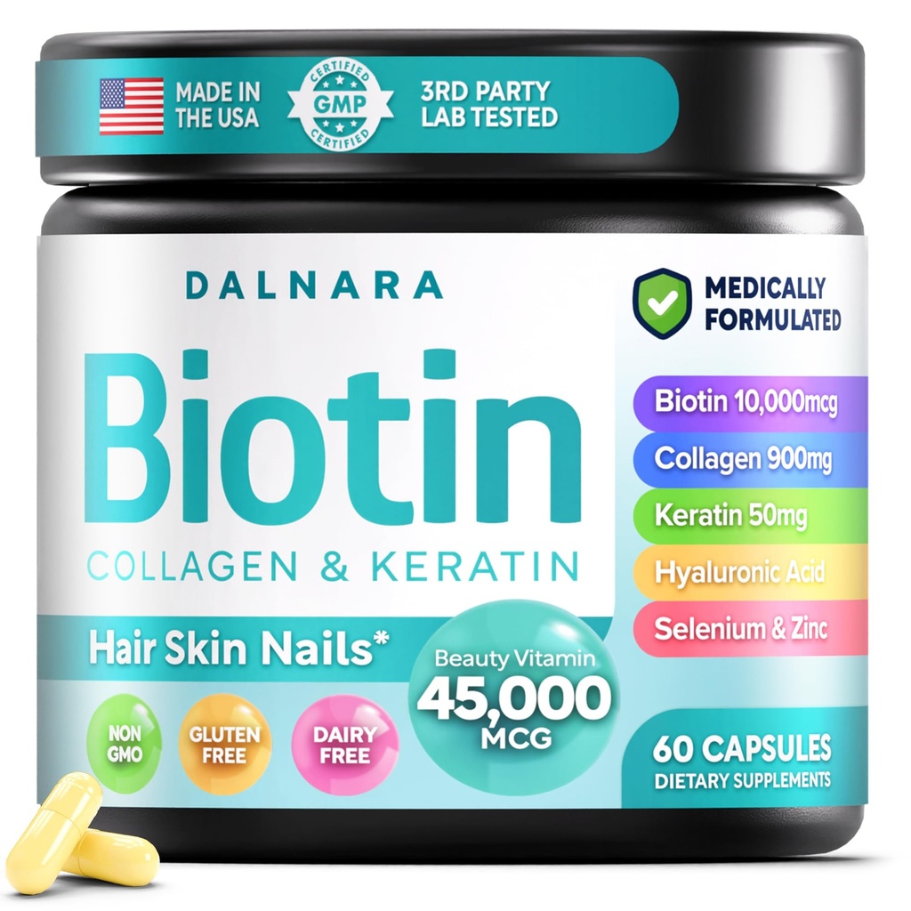 Biotin Collagen & Keratin – Hair, Skin & Nails Vitamins, 45,000 MCG Vitamin Complex(A, B1, B2, B3, B6, B7, C & E)–Biotin for Hair Growth for Women & Men, Hair Vitamins-120 Capsules–Made in USA