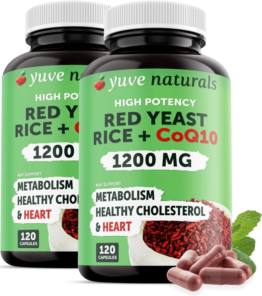 Rød Gær Rice 1200 mg kapsler med CoQ10 - Opretholde sunde Cholesterol Niveauer, Urte Heart Health Vegan Red Gær Rice Supplement - Rød Rice Gær med CoQ10 for kvinder og mænd - 120 Ct (2 - Pack)