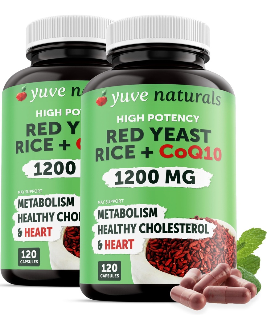 Rød Gær Rice 1200 mg kapsler med CoQ10 - Opretholde sunde Cholesterol Niveauer, Urte Heart Health Vegan Red Gær Rice Supplement - Rød Rice Gær med CoQ10 for kvinder og mænd - 120 Ct (2 - Pack)