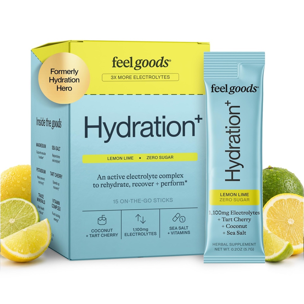 Feel Goods Hydration Hero, 1.000mg Electrolytes Powder, Sugar Free, Magnesium, Organic Aloe Vera, L Theanine, Vitamin C & B12, Ikke GMO, Keto, Vegan, Electrolyte Packets