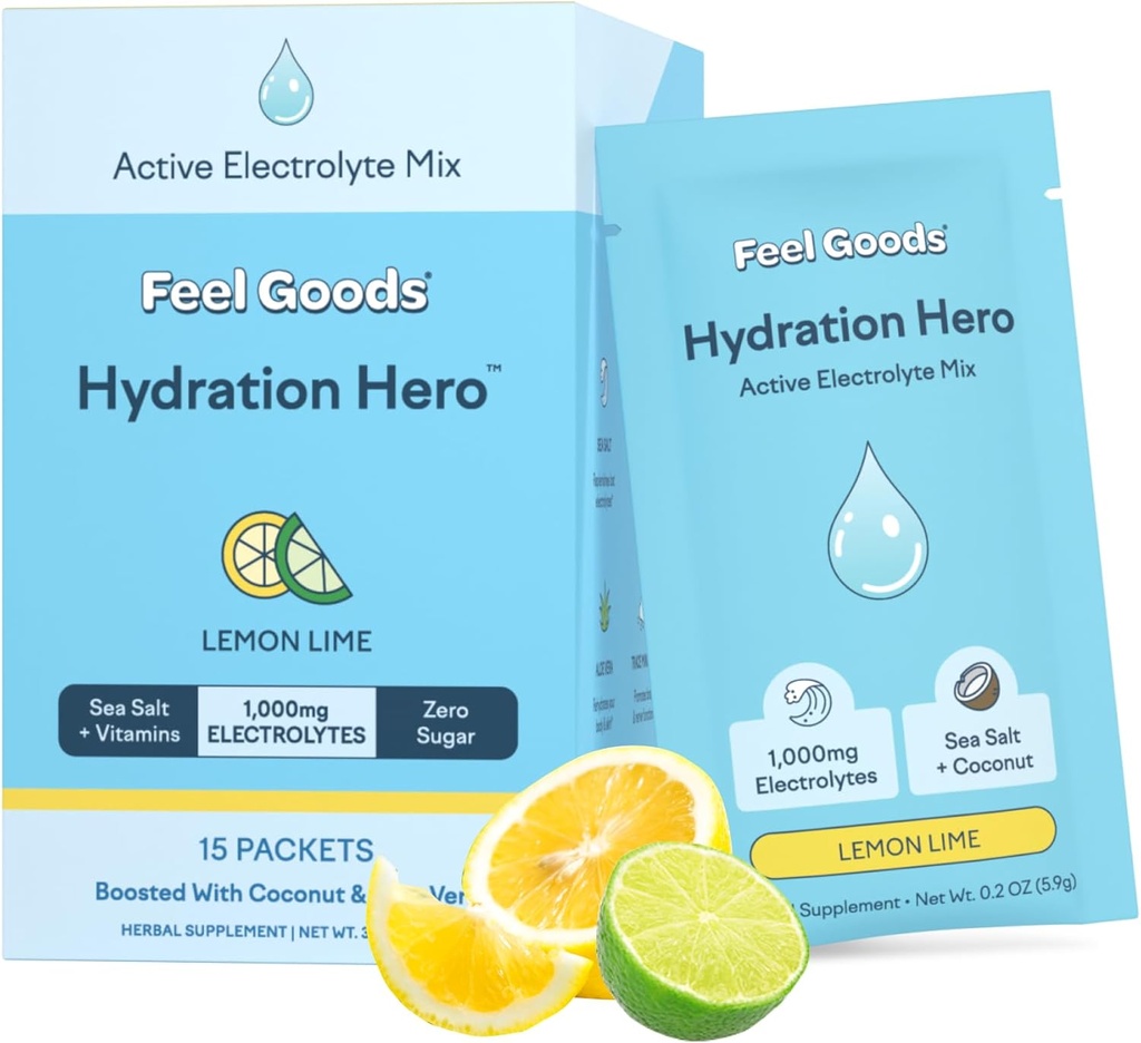 Feel Goods Hydration Hero, 1.000mg Electrolytes Powder, Sugar Free, Magnesium, Organic Aloe Vera, L Theanine, Vitamin C & B12, Ikke GMO, Keto, Vegan, Electrolyte Packets