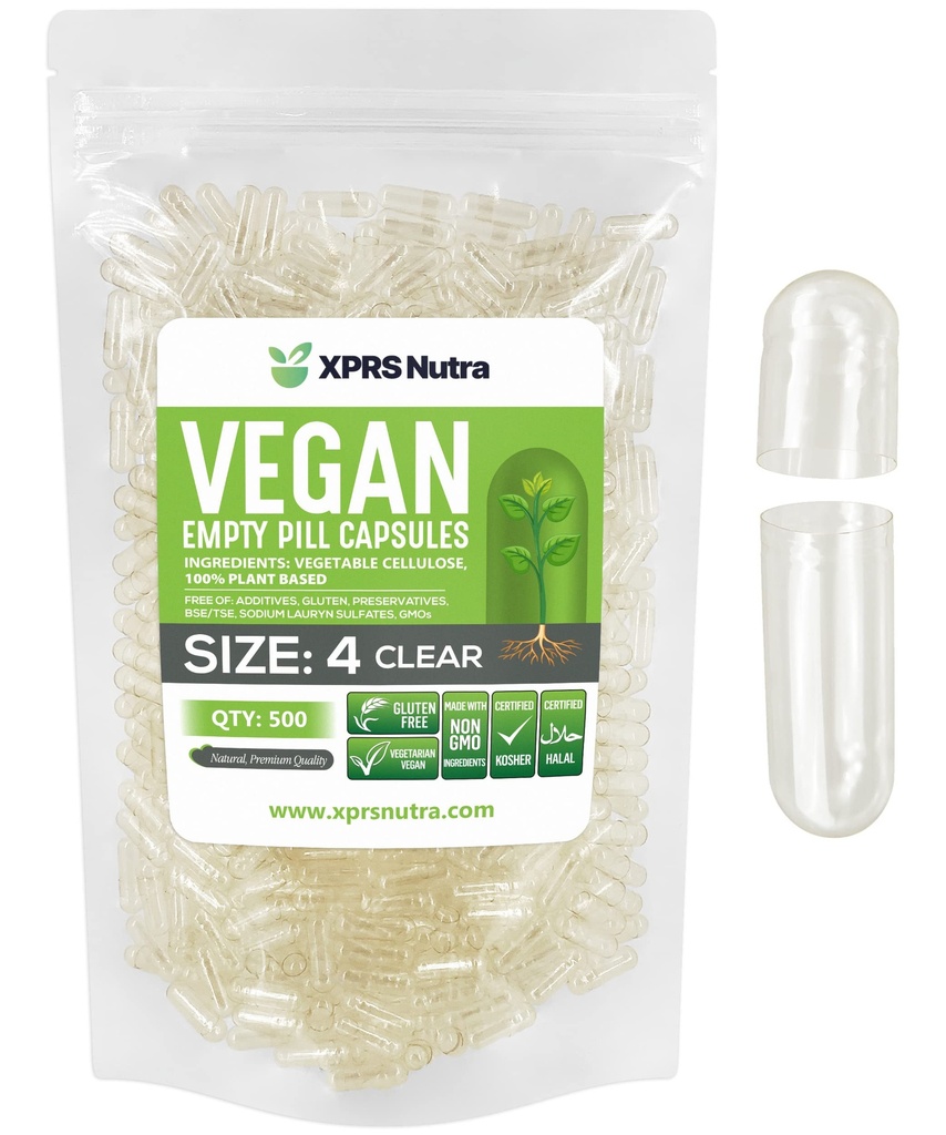 XPRS Nutra Størrelse 4 Tomme kapsler - 500 Tomme små tomme Veganske kapsler - DIY Vegetabilske Kapsler Fyldning - Fyldelig Do- It- Yourself Veggie Pill Caps til kosttilskud