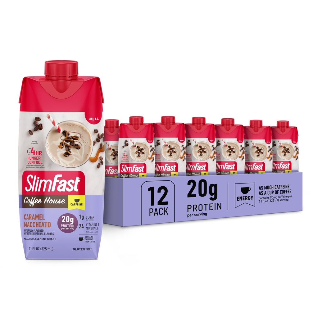 SlimFast Protein Shake med koffein, Caramel Macchiato- 20g Protein, Meal Erstatning Shakes, High Protein med lav Carb og lavt sukker, 24 Vitamin og mineraler, 12 Greve (Pack of 1)