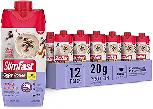 SlimFast Protein Shake with Caffeine, Caramel Macchiato- 20g Protein, Meal Replacement Shakes, High Protein with Low Carb and Low Sugar, 24 Vitamins and Minerals, 12 Count (Pack of 1)