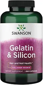 Swanson Gelatine og Silicon - Collagen Proteins Support Sund hår og negle - Hjælper Deliver Vital Minerals for Strong Nails and Thick Hair - 20mg Silicon og 1.08 Bedste Gelatine - (200 kapsler)
