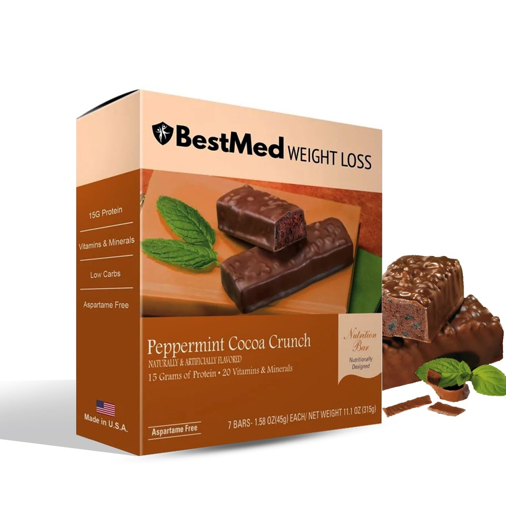BestMed Protein Bar – 15g Protein, Low Carb, Low Sugar, High Fiber, Low Calorie Meal Replacement Nutrition Bar, Healthy Snack for Weight Management Diet (Peppermint Cocoa, 7 Count)