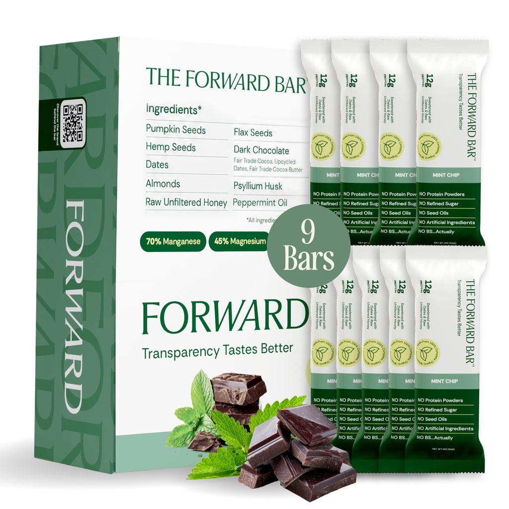 The Forward Bar – Mint Chip Protein Bar | Whole Food, Plant-Based, Gluten-Free, Dairy-Free, Non-GMO | 12g Complete Protein, High Fiber, Healthy Snack & Meal Replacement | Box of 9 Bars
