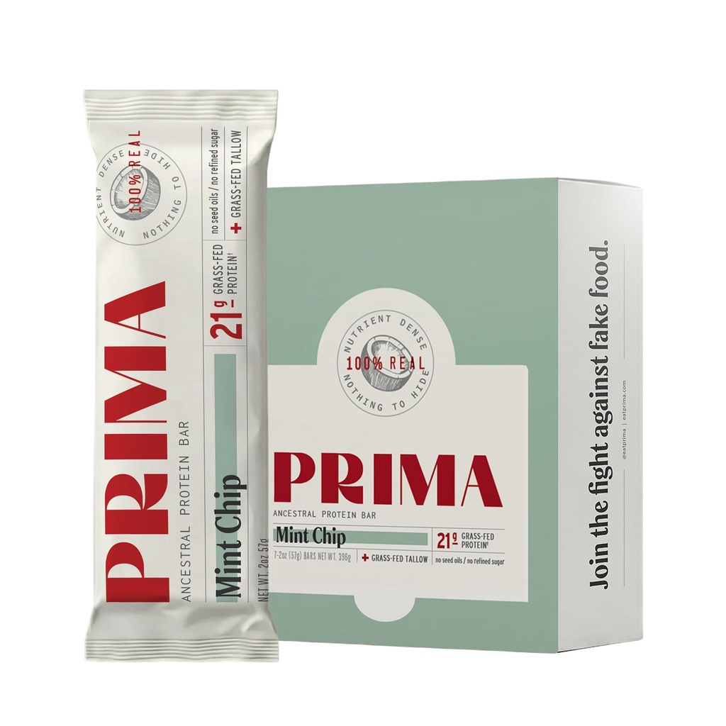 PRIMA Mint Chip Protein Bar | 21g Grass Fed Whey and Collagen | No Seed Oils, No Preservatives, Raw Honey Sweetened | 7 Pack