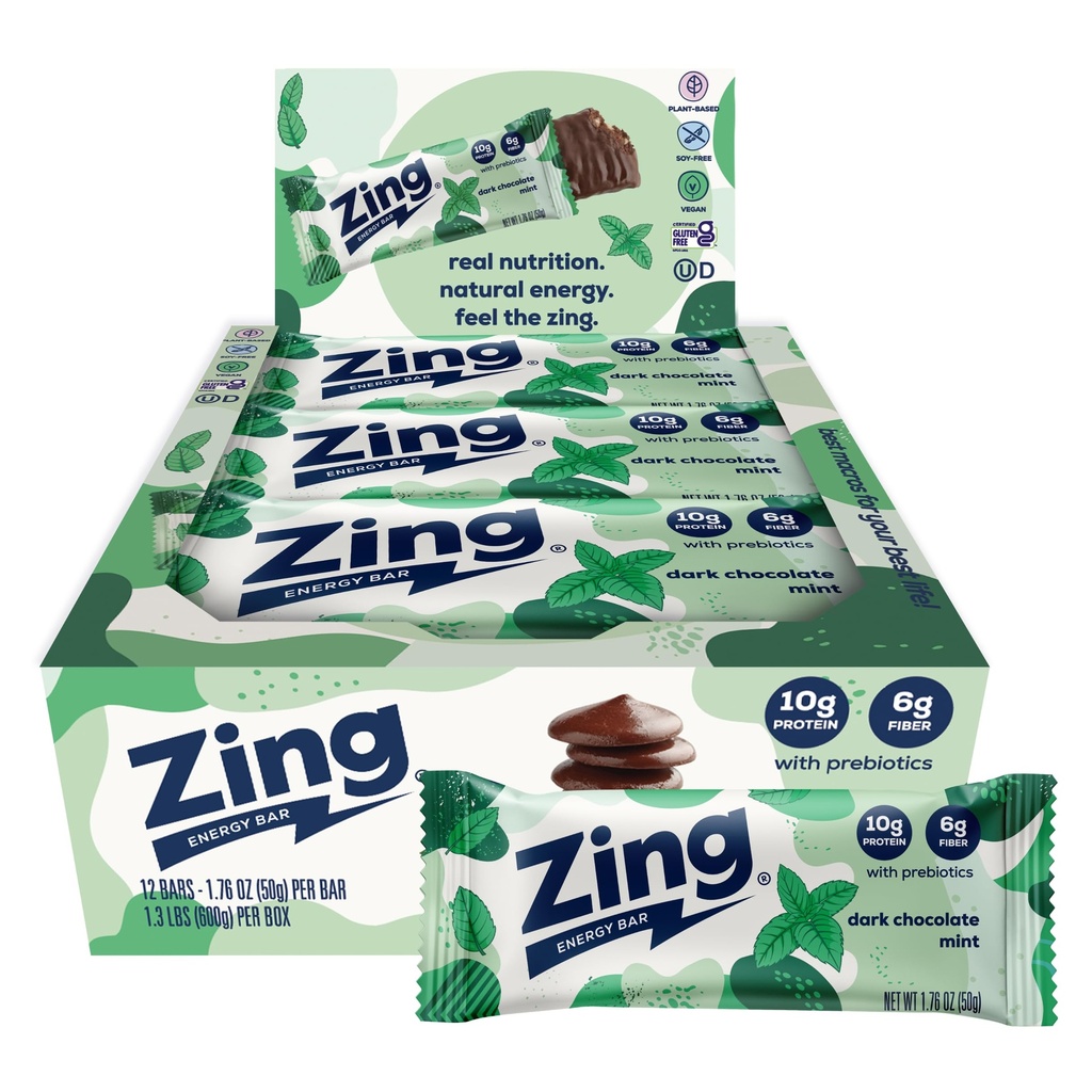 Zing Dark Chocolate Mint Vegan Protein Bars, Gluten Free with High Protein, High Fiber, Dairy Free Nutrition Bars, Plant Based Protein, Kosher, Low Sugar, No Sugar Alcohols - 12 count