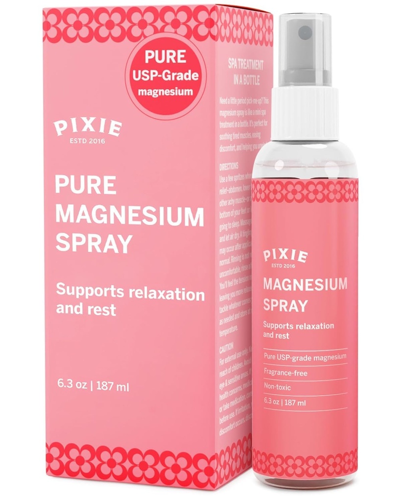 Pixie Pure Magnesium Oil Spray for Feet & Body – USP Grade Magnesium Chloride – Fast-Absorbing, Non-Toxic Topical Spray – Spa-Quality Muscle Support & Relief for Feminine Care (6.3 Ounce (Pack of 1))