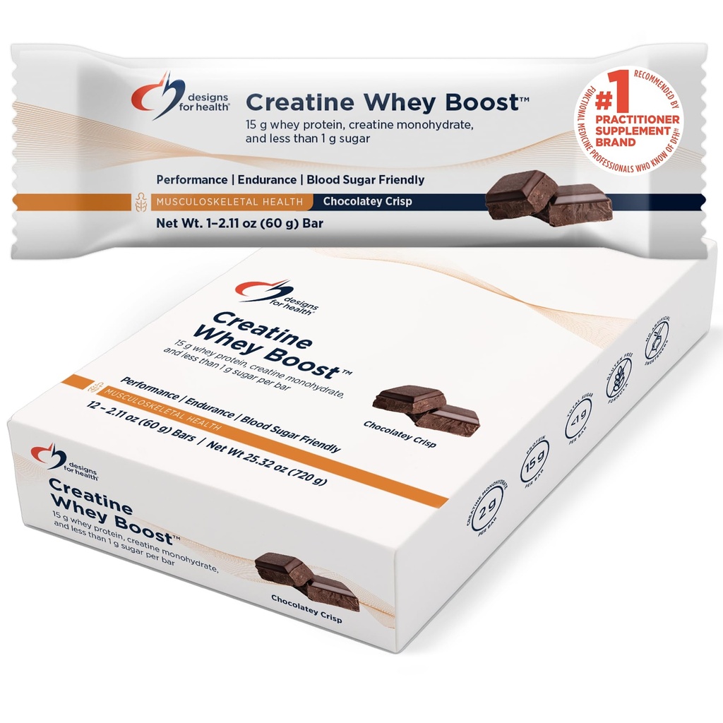 Designs for Health Creatine Whey Boost Bars (12 Bars) | 15 g Whey Protein + Creatine Monohydrate for Energy & Strength – Sweetened with Allulose – Gluten-Free, Vegetarian, Non-GMO, <1 g Sugar