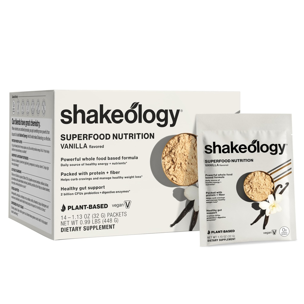 BODi Shakeology 0g Added Sugar Plant-Based Vegan Protein Powder – Gluten-Free Superfood Shake with Vitamins & Minerals – Helps Support Healthy Weight Loss & Gut Health, Vanilla, 14 Individual Packets