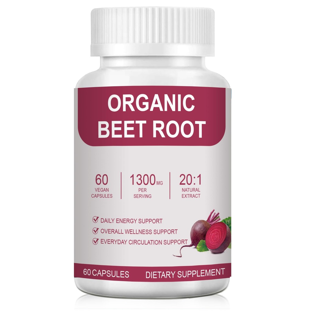 Organic Beet Root Capsules, Natural Beet Root for Daily Wellness and Energy Support, with Naturally Occurring, Vegan, Non-GMO-1300mg, 60 Capsules