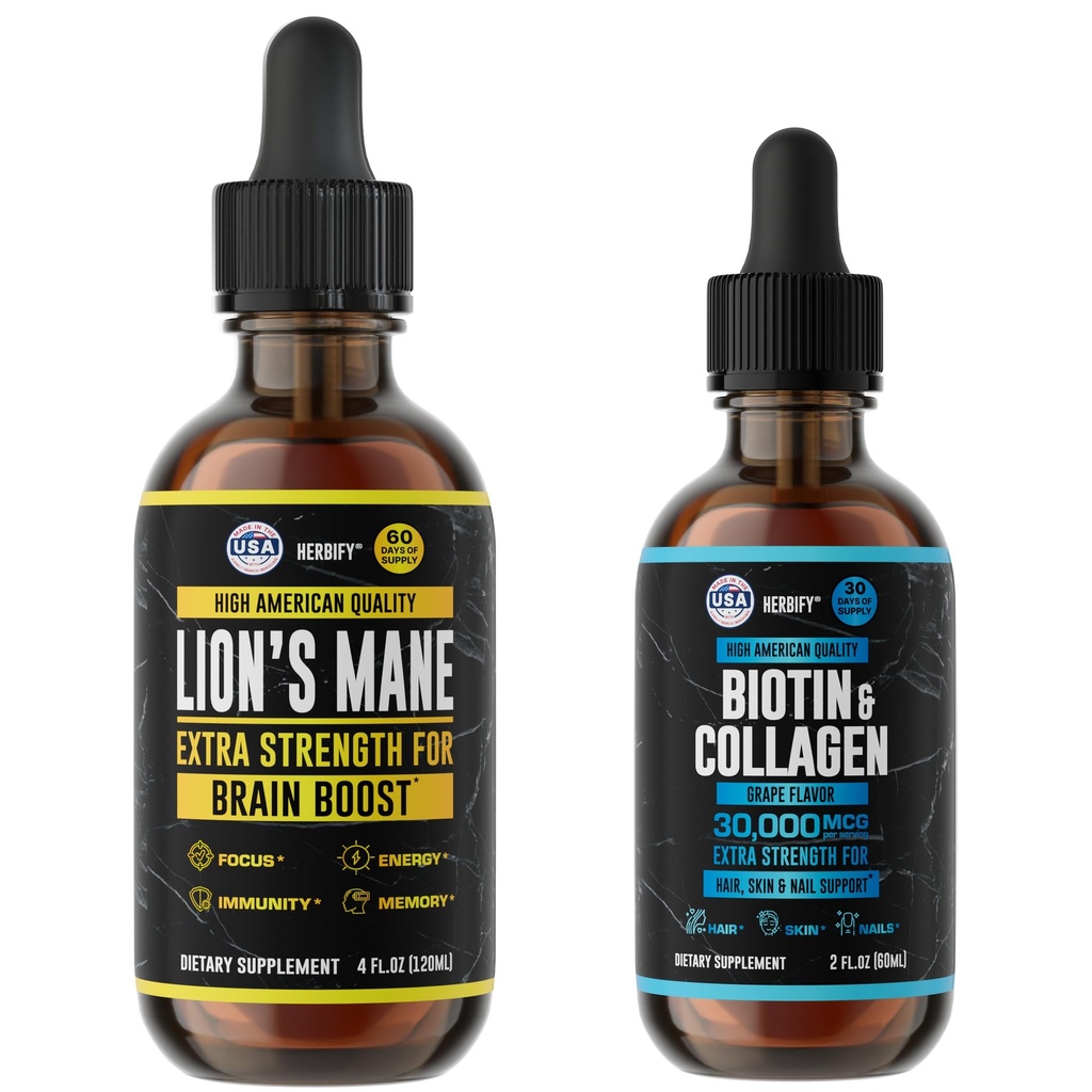 HERBIFY Bundle - Lions Mane Drops & Biotin og Collagen - Hjerne, hår, hud og negle støtte