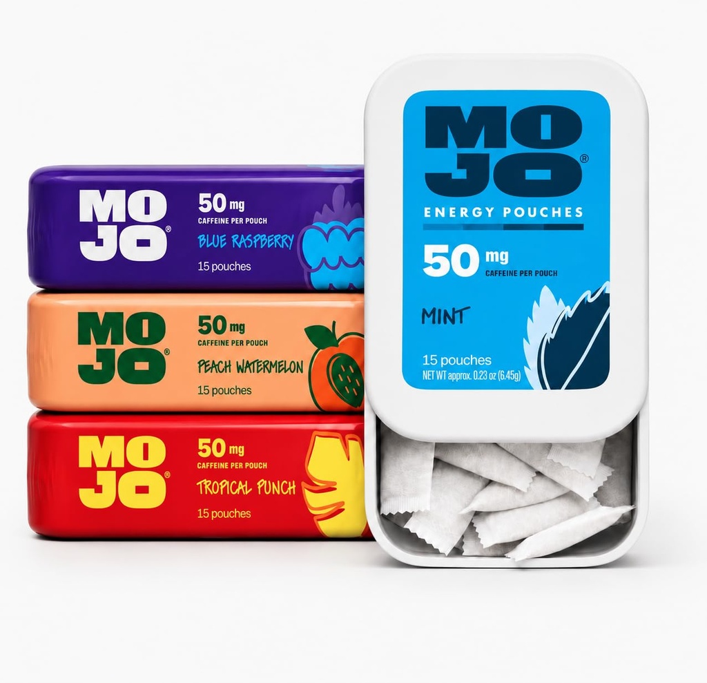 MOJO Energy 50mg Caffeine Pouches, Variety Pack, 15 Pouches, 4-Pack | Flavors: Peach Watermelon, Blue Raspberry, Mint and Tropical Punch