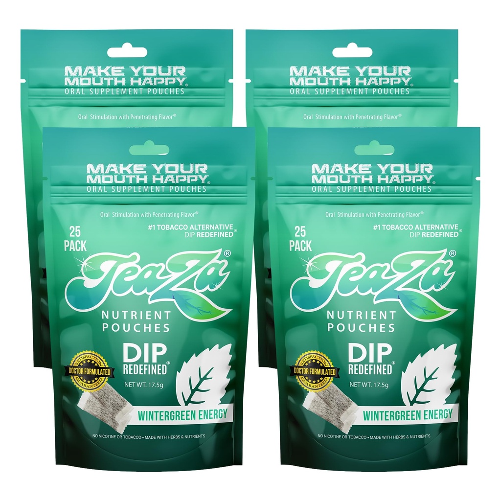 TeaZa Herbal Energy Pouches Tobacco Alternative Nicotine Free Dip, Alternative Snuff Healthy Dip Pouches, Wintergreen Energy (4 Pack) Tobacco Free Chewing with Premium Cool, Crisp Flavor