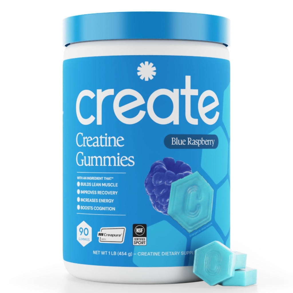 Opret Creatine Monohydrate Gummies for Mænd & Kvinder, Boost Focus, Styrke, og Endurance, Anti-smeltning Formel, Vegan, Gluten- Free, Non- GMO, 1,5 g Creatine per Gummy (Blå Hindbær, 90 ct)