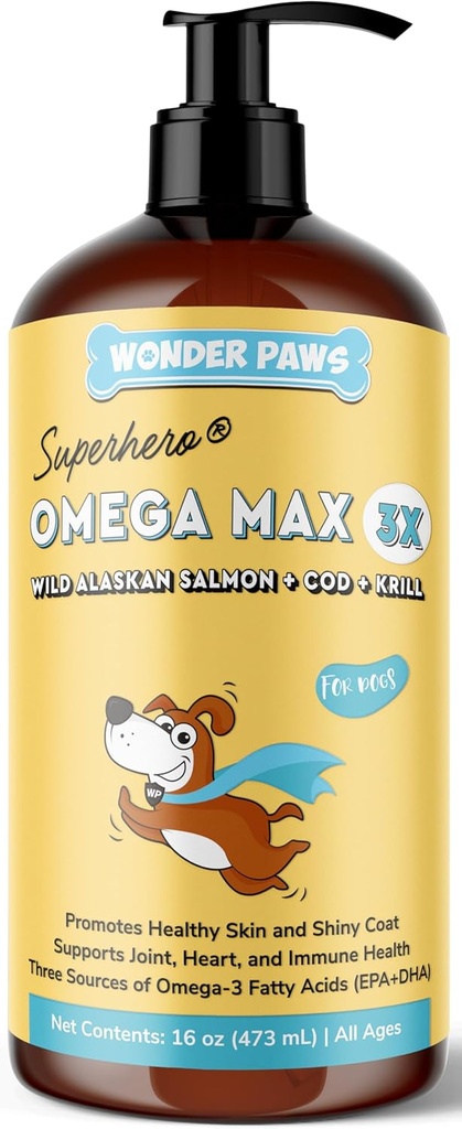 Wonder Paws Fish Oil for Dogs - Omega 3 for hunde fra Alaskan Salmon, Cod & Krill Oil - EPA DHA fedtsyrer - mindre afføring & klø - hud, fælles, immunforsvar og hjerte sundhed - flydende supplement (16 oz)