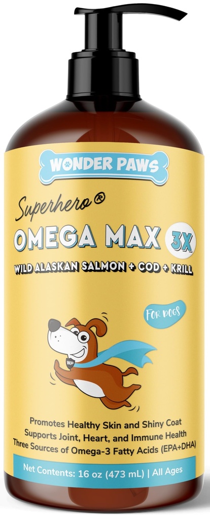 Wonder Paws Fish Oil for Dogs - Omega 3 for hunde fra Alaskan Salmon, Cod & Krill Oil - EPA DHA fedtsyrer - mindre afføring & klø - hud, fælles, immunforsvar og hjerte sundhed - flydende supplement (16 oz)