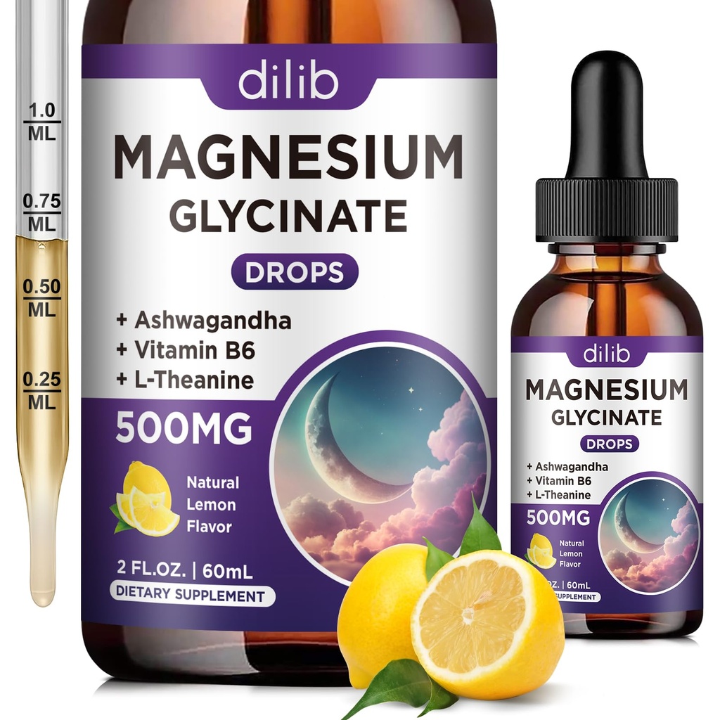Magnesium Glycinate Supplement, Magnesium Flydende dråber med Magnesium Glycinate 500 mg vitamin B6, Ashwagandha, L - Theanin, Kamille -Support Stress Relief, Ben, Muskel, Mood Vegan