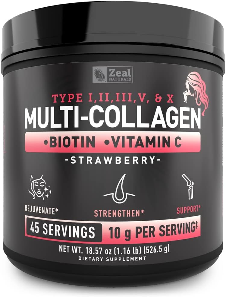 Premium Multi Collagen Peptider Protein Powder (1, 2, 3, 5 & 10) med C-vitamin, biotin, hyaluronsyre, til hår hud og negle - Marine, Bovine, Chicken & Eggshell (Jordbær, 45 Servering)