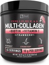 Premium Multi Collagen Peptider Protein Powder (1, 2, 3, 5 & 10) med C-vitamin, biotin, hyaluronsyre, til hår hud og negle - Marine, Bovine, Chicken & Eggshell (Jordbær, 45 Servering)