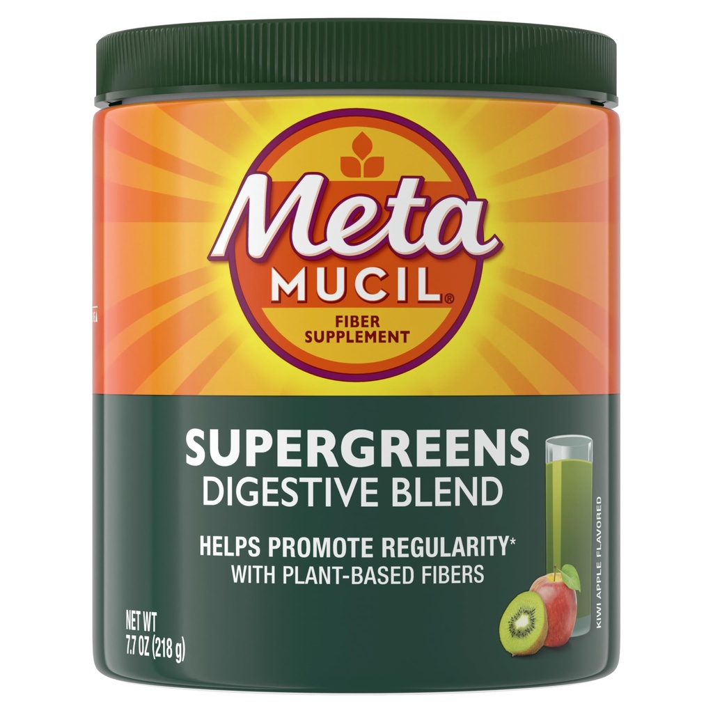 Metamucil Greens SuperFood Powder Fiber Supplement for Digestive Health* and Regularity*, Gluten Free Plant-Based Stevia, Great Taste Kiwi Apple Flavored, 3g Dietary Fiber per Serving, 42 Servings