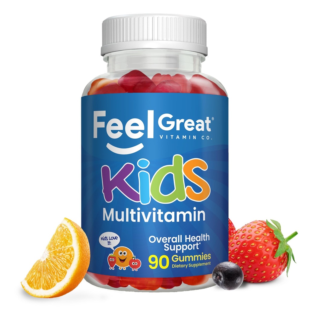 Feel Great Kids Multivitamin Gummies Measurement 124; Citrus & Strawberry Flavored Vitamin for Kids Measurement 124; Multivitamin Gummies med D-vitamin for ben, muskel & immunforsvar Measurement 124; Chewable Vitamin Measurement