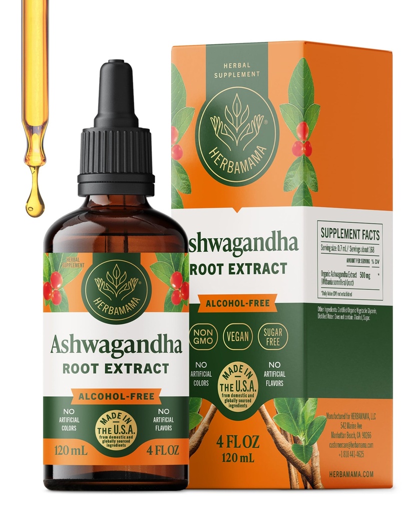 HERBAMAMA Ashwagandha Drops - Ashwagandha Liquid for Women for Calm & Relaxation, Stress Relief & Cortisol Support - Non-GMO, Alcohol & Sugar-Free Calming Supplements for Adults - 56-Day Supply