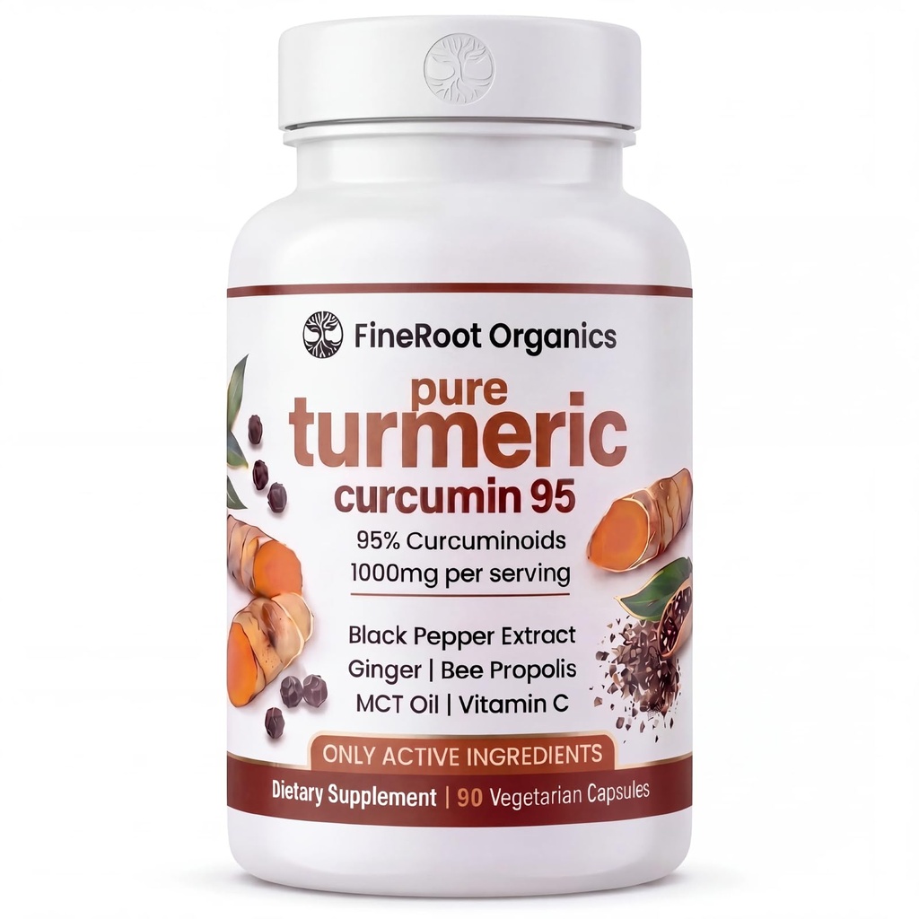 FineRoot Organics Turmeric Curcumin, Pure Curcumin Turmeric Capsules, 95%, 1000mg