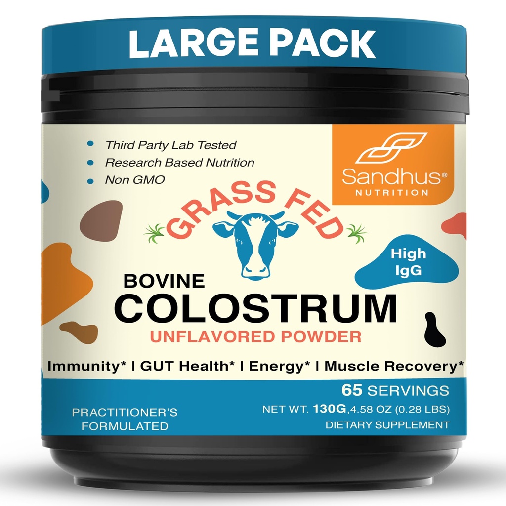 Sandhu 's Grass Fed Bovine Colostrum Powder for mennesker, voksne Buddy 124; 65 Servering (pakke med 1) Køer Supplement 124; High IgG for Gut Health Buddy 124; Immunity & Muscle Recovery Support Buddy 124; Unflavored Buddy 124; for mænd & Kvinder
