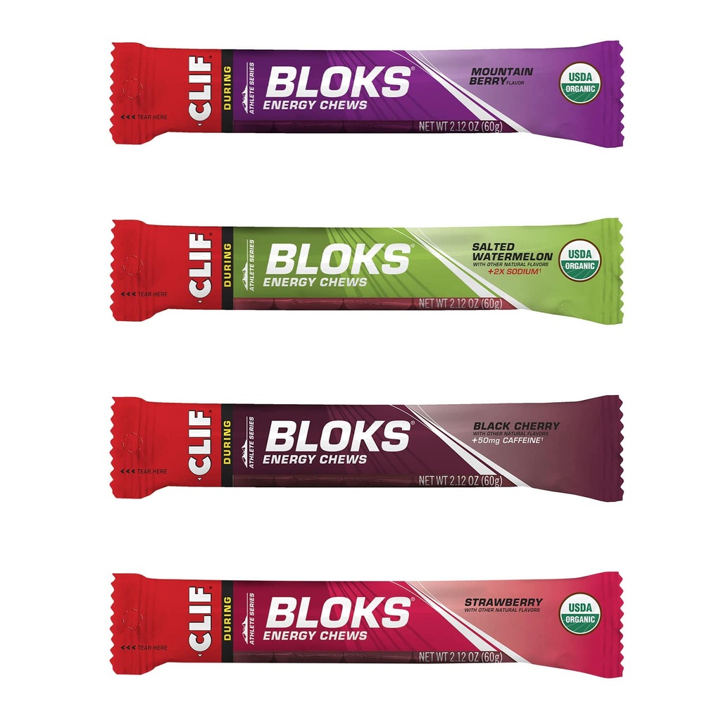 CLIF BLOKS - Energy Chews - 4 Flavor Variety Pack - Non-GMO - Plant baserede fødevarer - Fast Carbs til cykling og kørsel - Workout Snack (2.1 Ounce Packet, 12 Greve)