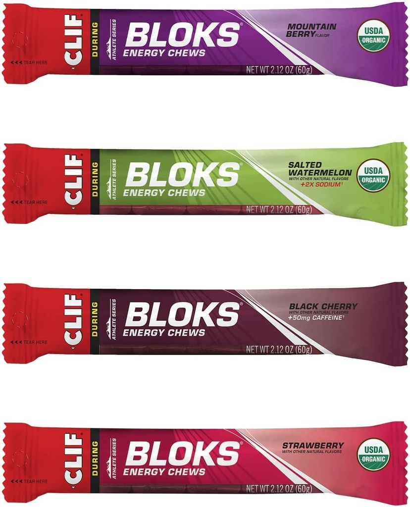 CLIF BLOKS - Energy Chews - 4 Flavor Variety Pack - Non-GMO - Plant baserede fødevarer - Fast Carbs til cykling og kørsel - Workout Snack (2.1 Ounce Packet, 12 Greve)