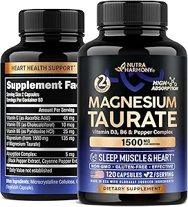 Magnesium Taurat 1500 mg med Vitaminer B6, C & D3 - Peber for Enhanced Absorption - Laboratory Tested, Made in USA - 120 Capsules, 2 Month Supply