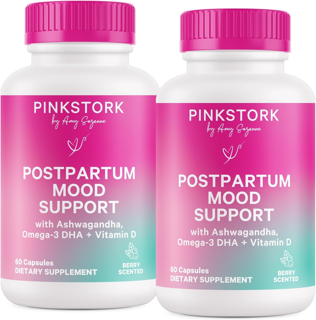 Pink Stork Postpartum Mood Support - Postnatal Hormone Balance for Moms - Amning Friendly - Stress & Kognitiv Support, Postpartum Essentials - Ashwagandha, Kamille, & Vitamin D, 120 Kapsler