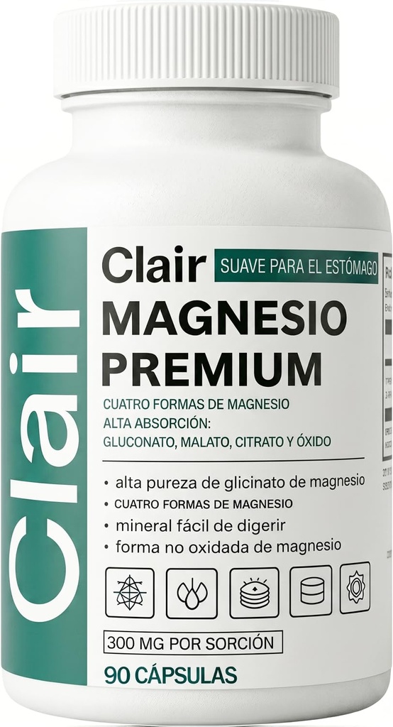 Clair Magnesio Premium, 4 Types of Magnesium – 4-in-1 Blend, 90 caps(1pc) | High absorbency, Muscle relaxation, digestive comfort, sleep support. (Glycinate, Malate, Citrate, Oxide) with B6, D3, Zinc.