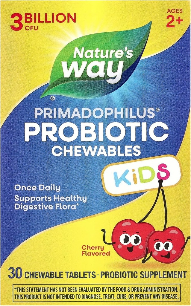 Nature 's Way Primadophilus Probiotiske Chewables for Kids, Understøtter sund fordøjelsesflora *, for Kids Age 2 +, 3 milliarder CFU, 30 Cherry Flavored Chewables (Packaging May Vary)