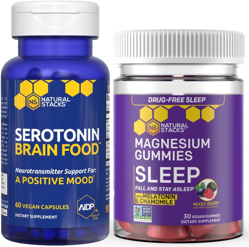 NATURLIGE STAKKER Sleep Magnesium Gummies + Serotonin Brain Food Bundle - Understøtter kvalitet søvn & positiv mad * - 90 samlede stykker