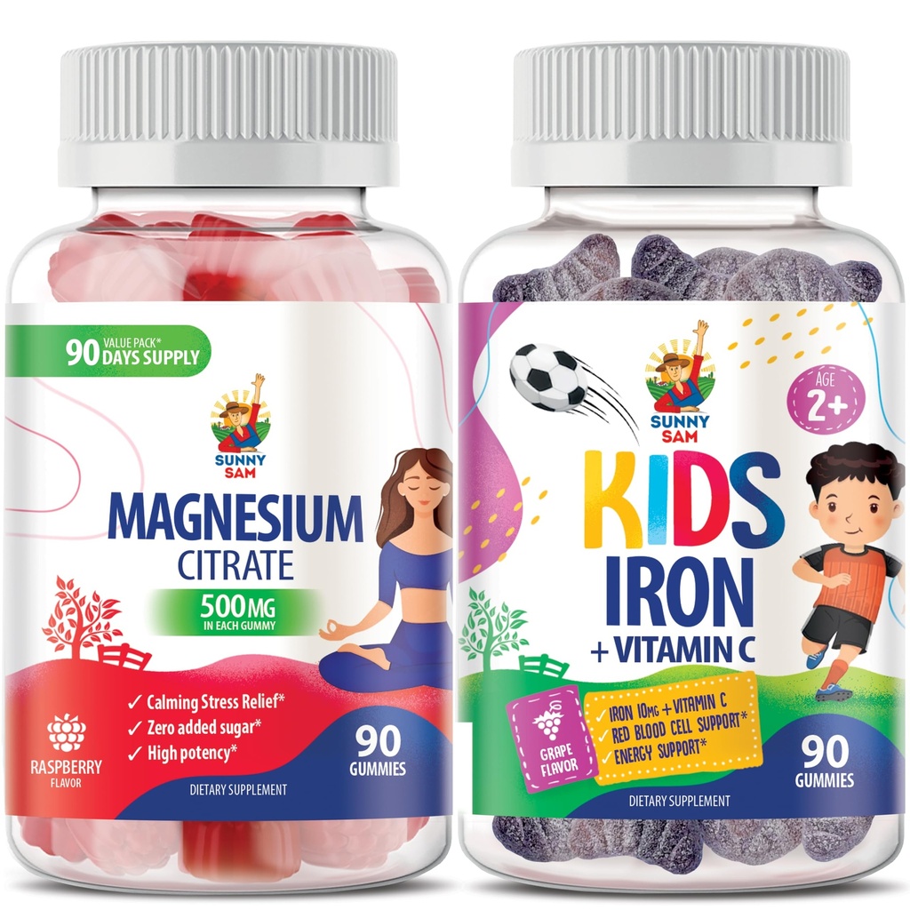 SUNNY SAM Iron Gummies for børn & voksne & Magnesium Gummies for voksne - 500 mg - Calm Magnesium tykkere - Magnesium Citrate Chewable Supplement for Mood & Muscle Support. Jernvitaminer med C-vitamin