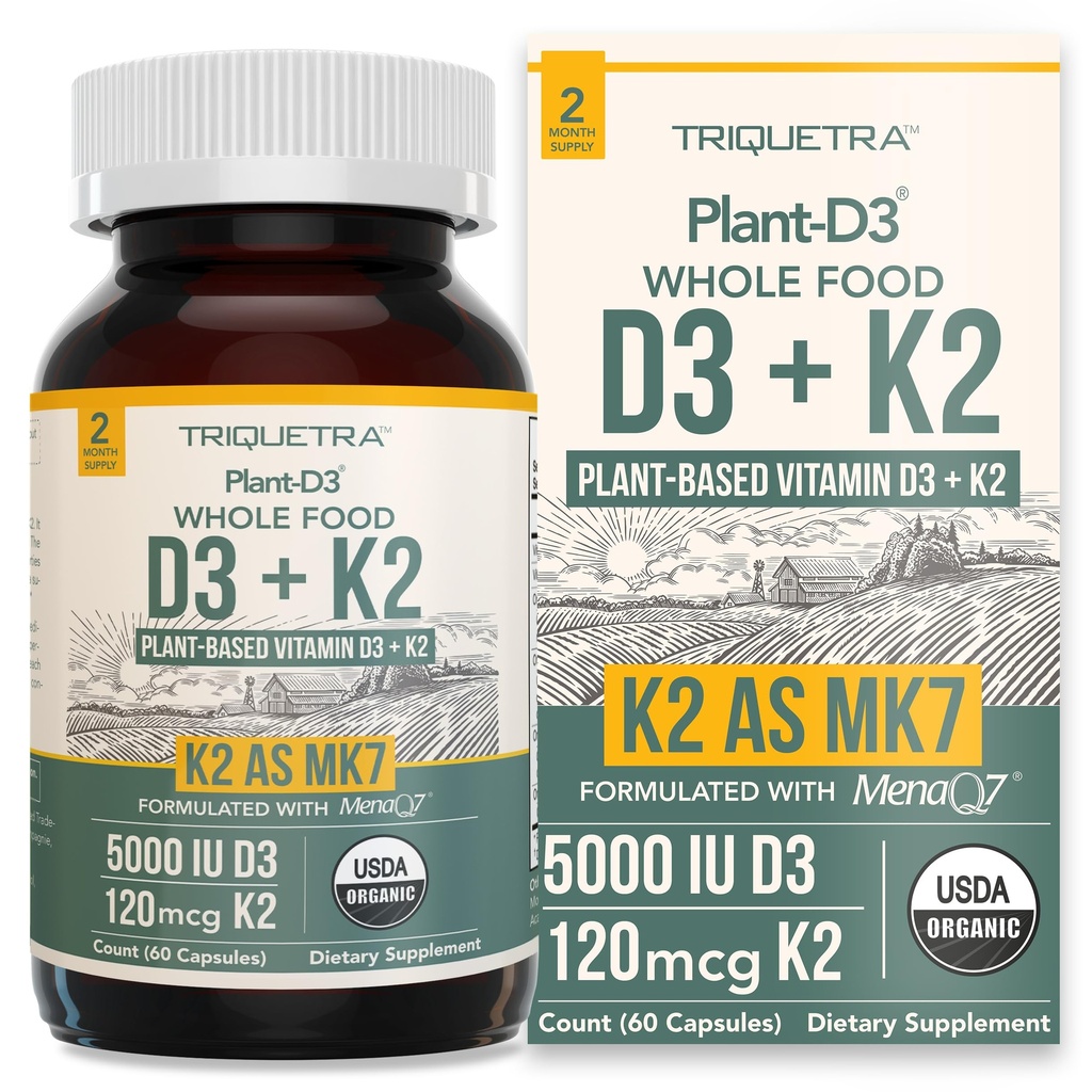 Organic Plant D3 + K2; 5000 iu D3 + 120 mcg K2 som All- Trans MK7 fra MenaQ7 ® - 100% Hel mad, Rå & Vegan