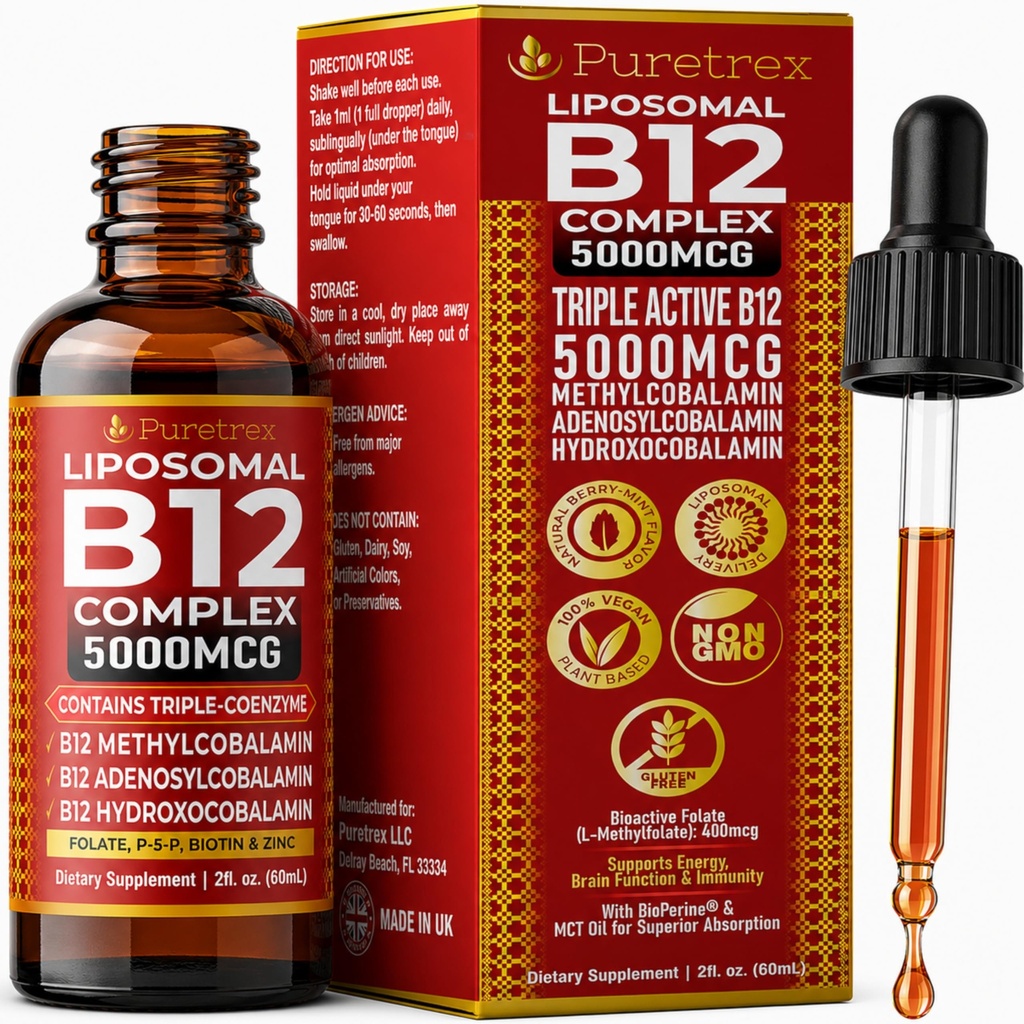 Liposomal Vitamin B12 Liquid Drops 5000mcg, Triple Active B12 Complex with Folate, B6, Biotin & Zinc, Vegan Berry Mint Formula, 60ml