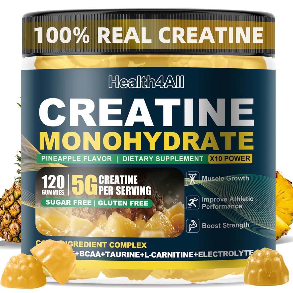 Health4All Creatine Monohydrate Gummies 5g for Men & Women, Creatine Gummy for Strength Energy & Muscle Growth Support Pre-Workout Supplement - Pineapple 120 Gummy