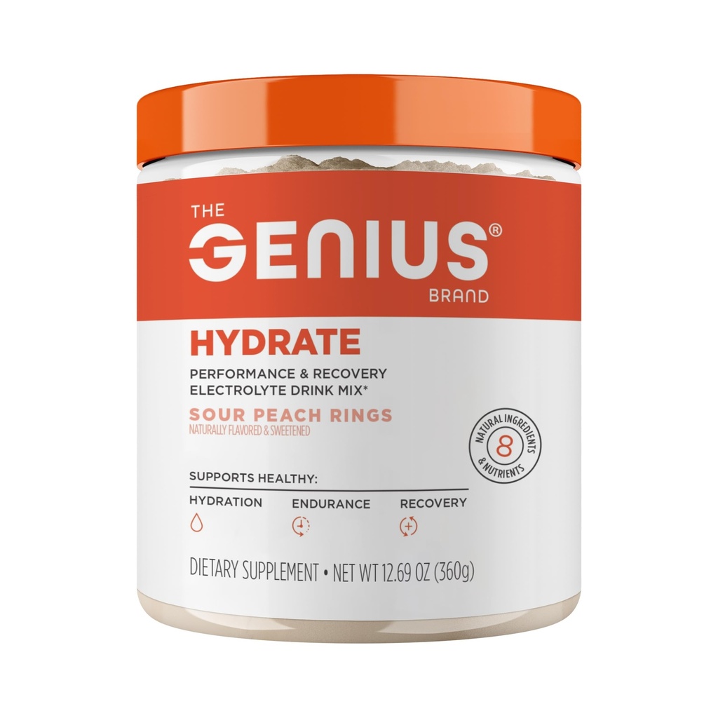 Genius Brand Genius Hydrate - Elektrolyttilskud til daglig hydrering - kokos vand - sukkerfri - 8 essentielle mineraler & næringsstoffer - non-GMO - sour Peach ringe - 50 Serveringer