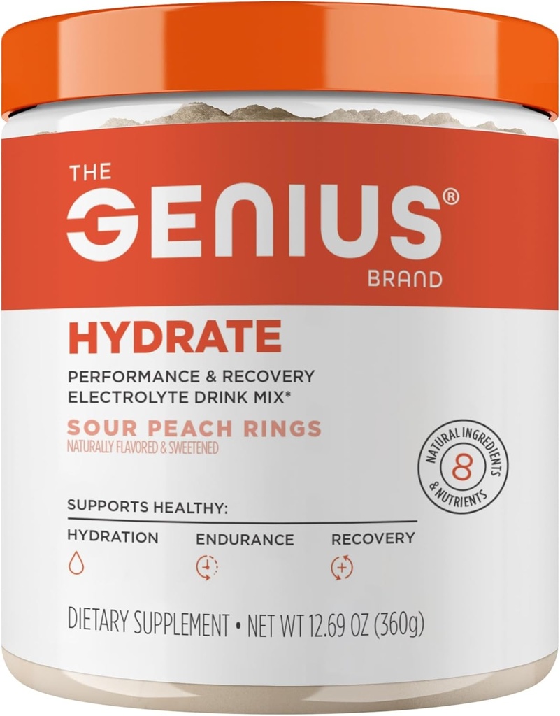 Genius Brand Genius Hydrate - Elektrolyttilskud til daglig hydrering - kokos vand - sukkerfri - 8 essentielle mineraler & næringsstoffer - non-GMO - sour Peach ringe - 50 Serveringer