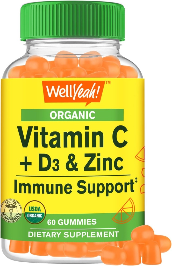 WellYe Organic Vitamin C + D3 + Zink Gummies - Immun Boosting, Antioxidant- Rich, og Knoglesundhed Support, USDA Organic, Vegan, og Non- GMO - Gluten- Free, Nut- Free Gummy - 60 Greve