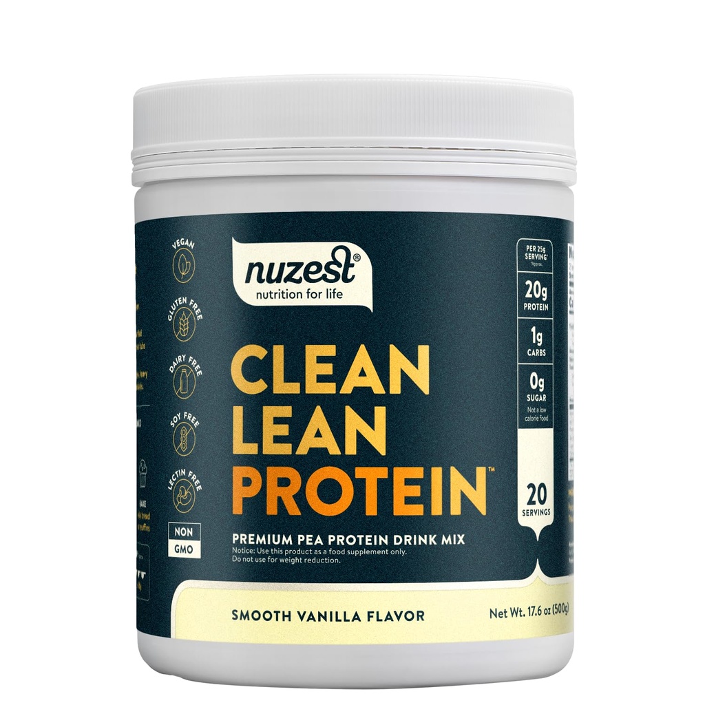 Nuzest - Pea Protein Powder - Clean Lean Protein, Premium Vegan Plant Based, Dairy Free, Gluten Free, GMO fri, naturligt sødet Protein Shake, Glat Vanilla, 20 Servere, 1.1 LB