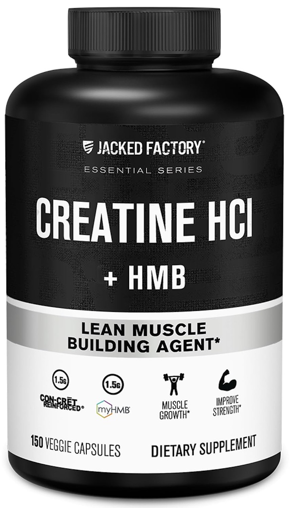 Jacked Factory Creatin HCL + HMB kapsler - Synergistisk CON- CRET, myHMB, og D-vitamin Formel for forbedret vækst, styrke, og reduceret muskelfordeling - 150 kapsler