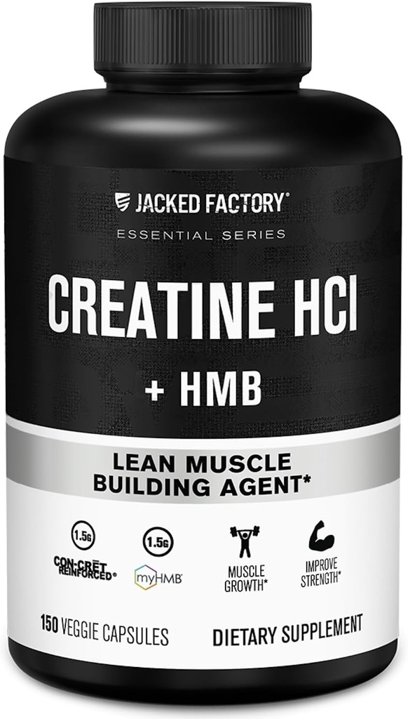 Jacked Factory Creatine HCL + HMB Capsules - Synergistic CON-CRET, myHMB, & Vitamin D Formula for Improved Growth, Strength, & Reduced Muscle Breakdown - 150 Capsules